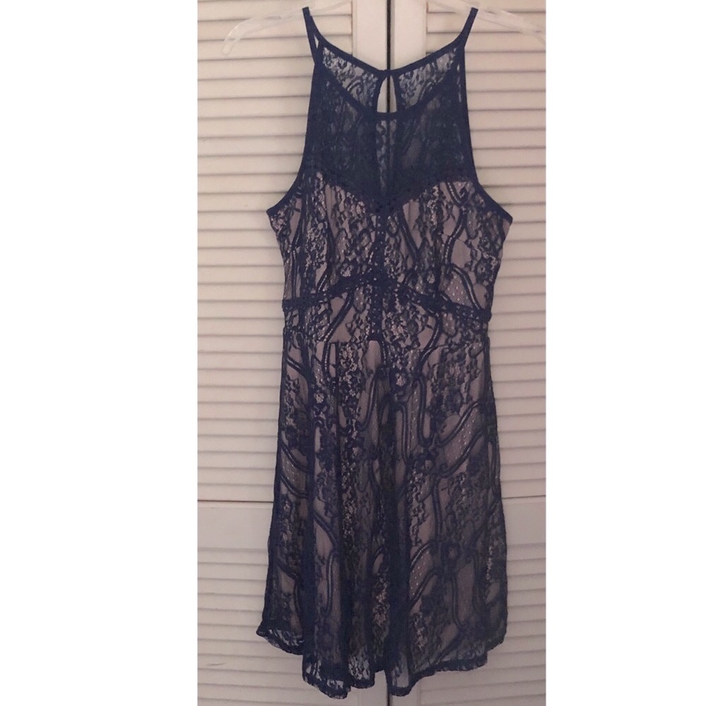 Francescas Navy Lace Overlay Lined Skaters Dress Medium